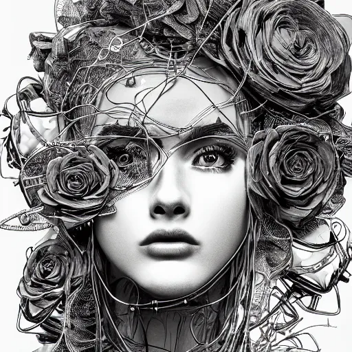 Image similar to the anatomy of a head of wires with electric chrome roses that resemble a beautiful woman, an ultrafine detailed illustration by james jean, intricate linework, bright colors, final fantasy, behance contest winner, symmetry, vanitas, angular, altermodern, unreal engine 5 highly rendered, global illumination, radiant light, detailed and intricate environment