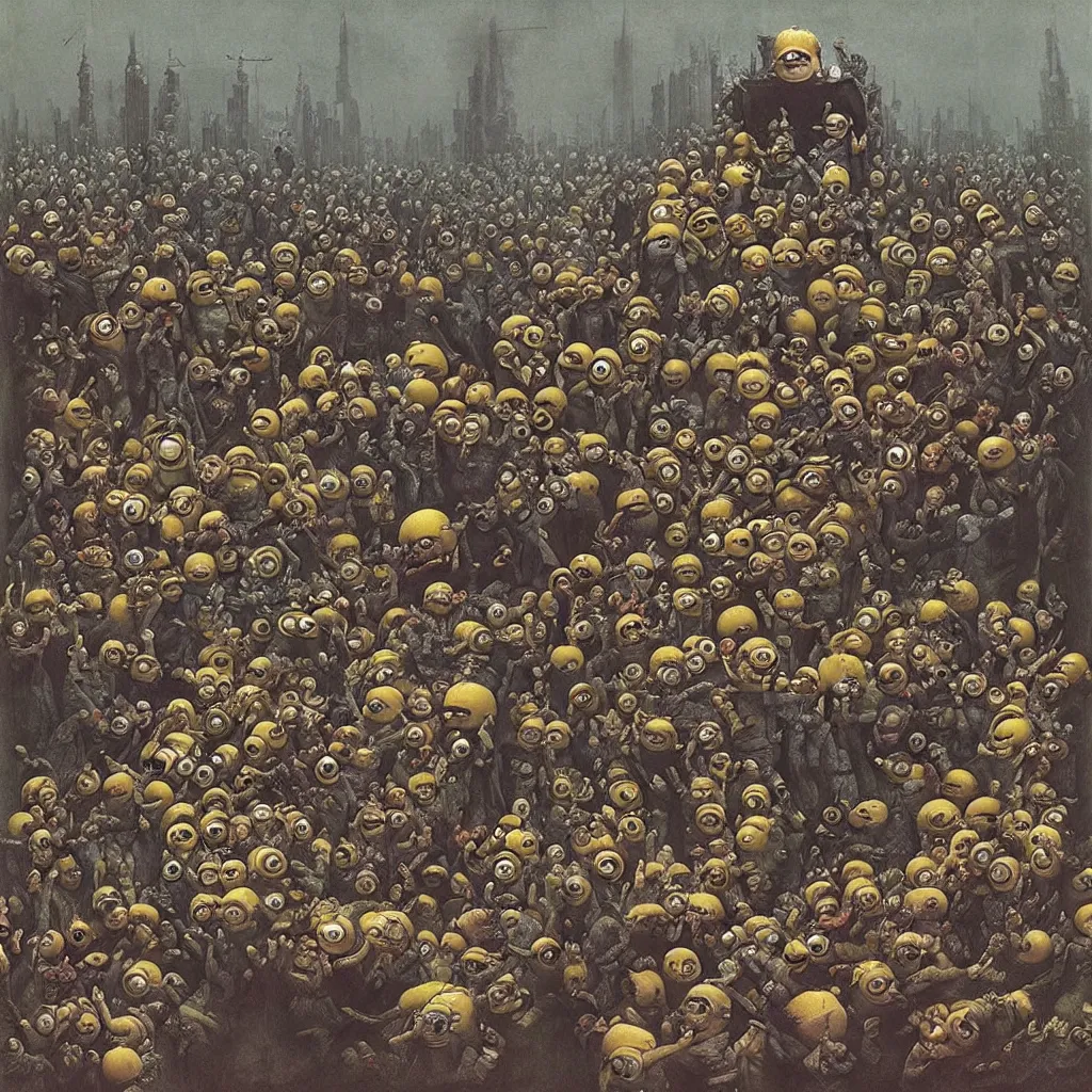 Prompt: minions as tourists in Valencia inside a cringe party surrounded by weird people and devouring a ball of meat by beksinski