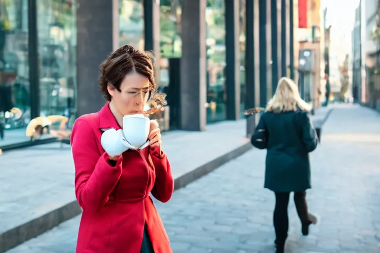 Image similar to Flim still of a woman drinking coffee, walking to work, long shot, wide shot, full shot