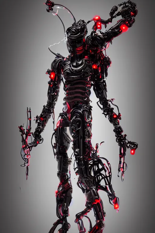 Image similar to full-body cyberpunk style sculpture of a young handsome dark god of battle, half android with a head opening exposing circuitry, glowing red eyes, black roses, flowing blood-red colored silk, fabric, candles. baroque elements, genetically augmented cyborg male. full-length view. baroque element. intricate artwork by caravaggio. Trending on artstation, octane render, cinematic lighting from the right, hyper realism, octane render, 8k, depth of field, 3D