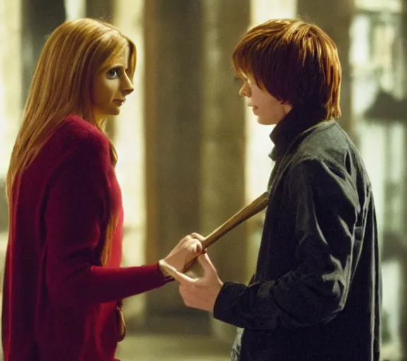 Prompt: a movie still of sarah gellar as buffy speaking to ron weasley in the movie harry potter