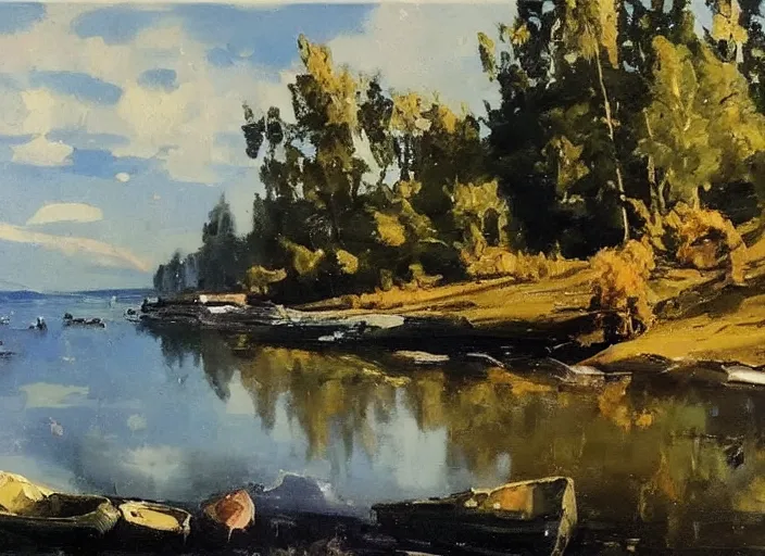 Image similar to palette knife, impasto oil painting of silent calm lake shore by cordelia wilson, thick paint brush strokes, art by anders zorn, wonderful masterpiece by greg rutkowski, beautiful cinematic light, american romanticism by greg manchess, creation by tyler edlin