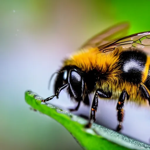 Image similar to macro photo, 4k, insect, bee, cinematic lightning, realistic, beautiful, detailed