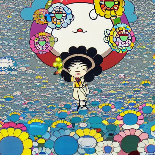 Image similar to a man walking on clouds above kyoto by takashi murakami,, aya takano color style, 4 k, super detailed