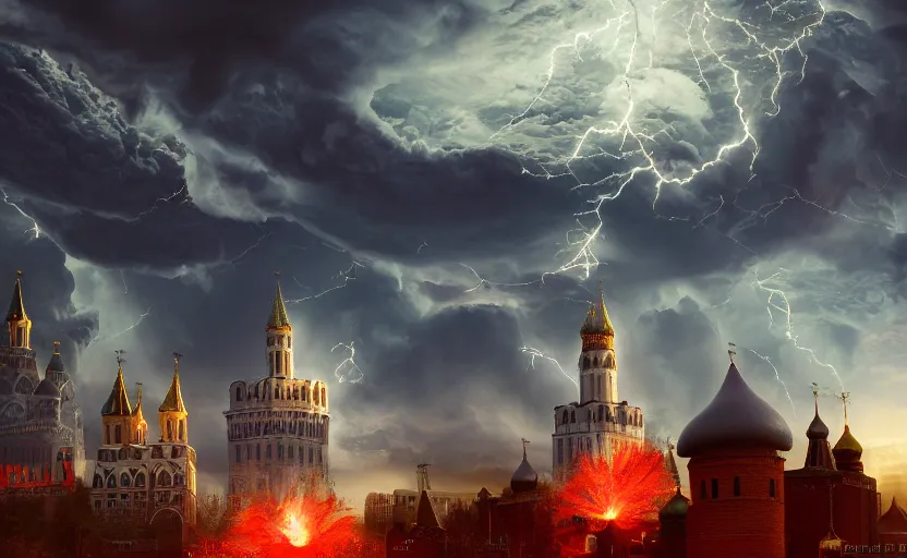 Prompt: ultra realistic picture of a big nuclear explosion with realistic nuclear mushroom in Red Square Kremlin, volumetric lighting, clouds and lightnings, cinematic, extremely high detail, photo realistic, cinematic lighting, post processed, artstation, matte painting, unreal engine 5, 8k