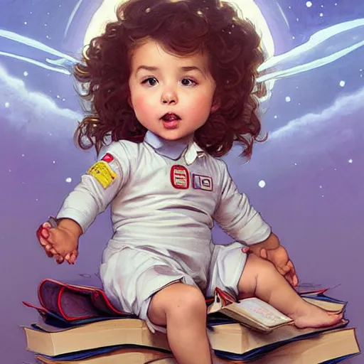 Prompt: a cute little girl with a mischievous face and short brown wavy curly hair sitting on top of a tall pile of books. she is dressed as an astronaut. well composed, clean elegant painting, beautiful detailed face. art by artgerm and greg rutkowski and ( alphonse mucha )