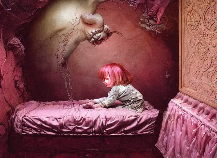 Prompt: realistic detailed image of a little girl looking under the *bed* in a girlish pink room. small *demon is hiding* under the bed in the shadow. by Ayami Kojima, Amano, Karol Bak, Greg Hildebrandt, and Mark Brooks, Neo-Gothic, gothic, rich deep colors. Beksinski painting, part by Adrian Ghenie and Gerhard Richter. art by Takato Yamamoto. masterpiece