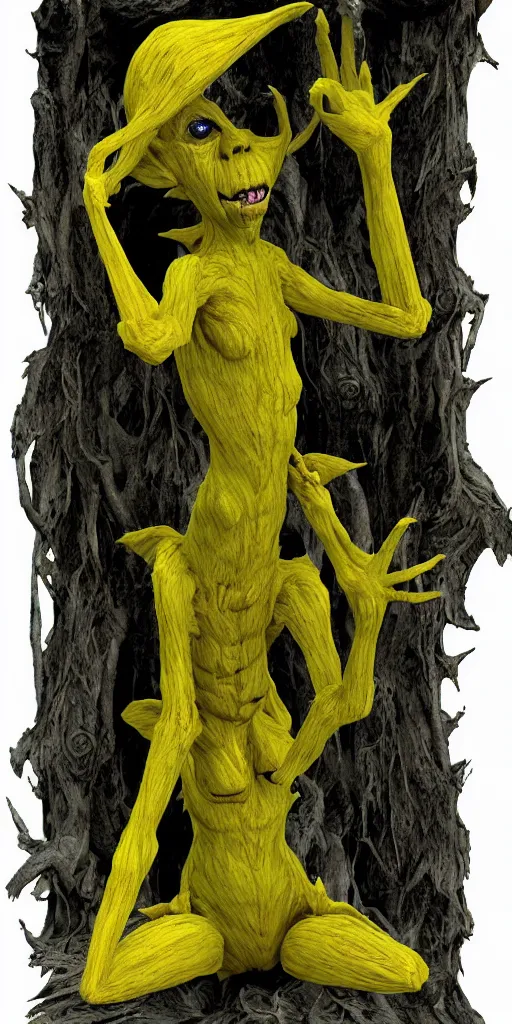 Image similar to malice yellow goblin doll in a lake swamp psx rendered early 90s net art n64 3d 2001