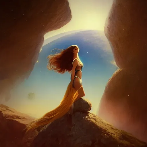 Prompt: A beautiful woman with long, flowy hair standing on a rock, witnessing two planets colliding in space. illustrated by Greg Rutkowski and Gaston Bussiere, trending on artstation, artstation futurism, artstation photography, subsurface scattering, bottom view, analog photography, 4k, 8k