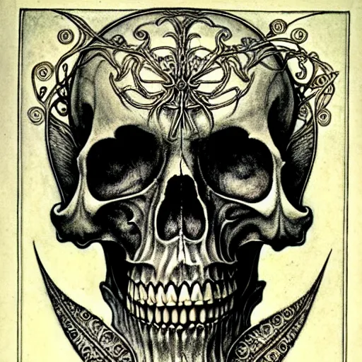 Image similar to memento mori by arthur rackham, detailed, art nouveau, gothic, ornately carved beautiful skull dominant, intricately carved antique bone, skulls, botanicals, art forms of nature by ernst haeckel, horizontal symmetry