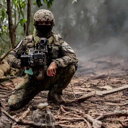 Image similar to close up CSAT Viper Special Forces fighting devastated burning exploding jungle combat photography 2022, Canon EOS R3, f/1.4, ISO 200, 1/160s, 8K, RAW, unedited, in-frame,