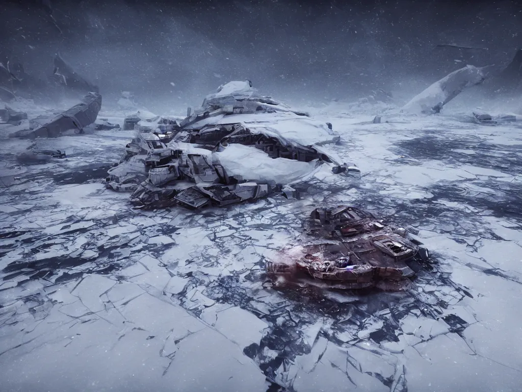 Image similar to Gigantic spaceship wreck covered in snow in the middle of arctic, surrounded by people. Megalophobia. Dramatic, Cinematic, ArtStation, realistic photograph, ambient, dark shades of colors, Unreal Engine 5, rendered by Octane.
