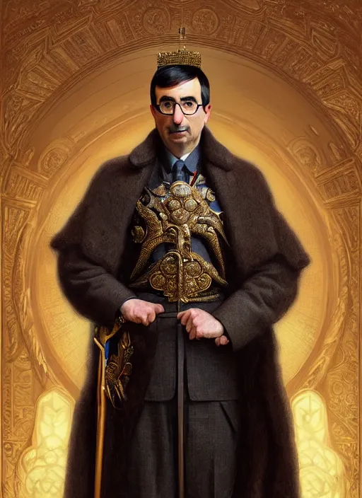 Image similar to portrait of supreme leader john oliver as stoic king, royalty, extravagant, lord, full body, military uniform, fantasy, intricate, elegant, beautiful, highly detailed, charcoal, centered, dark, smokey, digital painting, artstation, concept art, art by artgerm and greg rutkowski and alphonse mucha