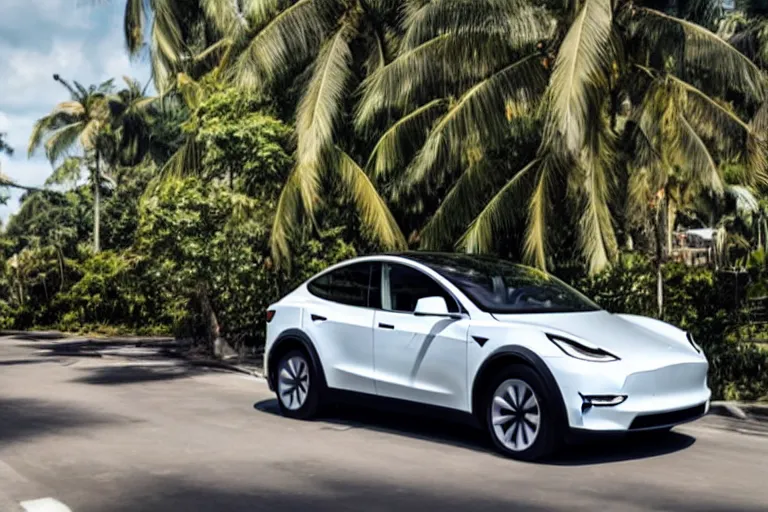 Prompt: Tesla model y on the road in a beautiful lush tropical city