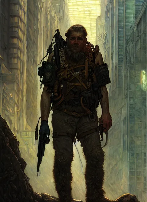 Image similar to a survivalist man, in postapocalypse city, diffuse lighting, fantasy, intricate, elegant, highly detailed, lifelike, photorealistic, digital painting, artstation, illustration, concept art, smooth, sharp focus, art by john collier and albert aublet and krenz cushart and alphonse mucha