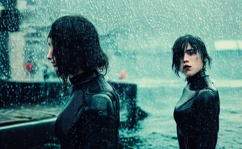 Image similar to cinestill 5 0 d candid action photographic portrait by quentin tarantino of two loving female androids wearing rugged black mesh techwear in treacherous waters, extreme closeup, modern cyberpunk tesla retrofuturism moody emotional cinematic, pouring iridescent rain, 8 k, hd, high resolution, 3 5 mm, f / 3 2, motion blur, ultra realistic faces, ex machina