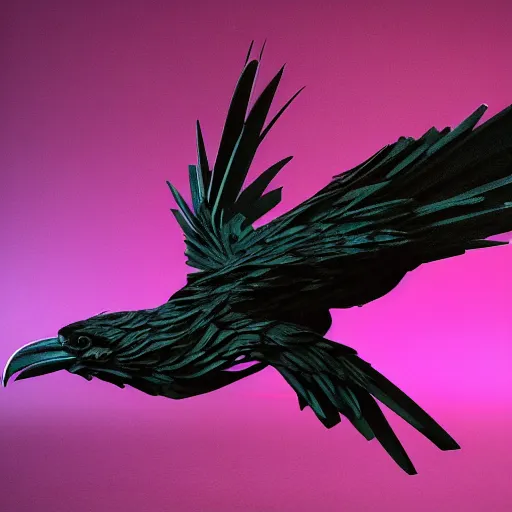 Image similar to a raven made of knives, jump kick, 4 k, ultra realistic, detailed focused, synthwave