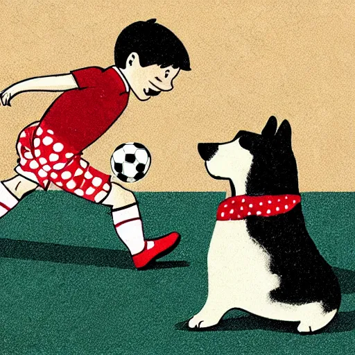 Image similar to illustration of french boy in paris playing football against a corgi, the dog is wearing a polka dot scarf