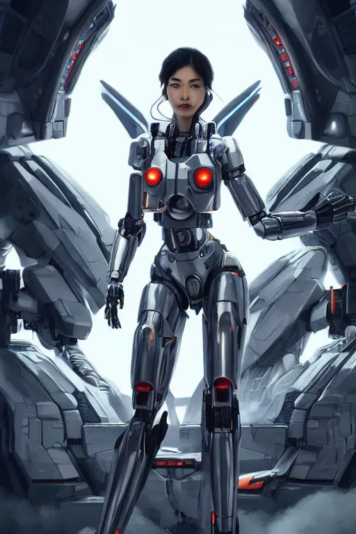 Prompt: a young attractive Asian woman in the pilot's seat of a massive sci-fi mecha, dramatic pose, LEDs, highly detailed, photorealistic, volumetric lighting, digital art, octane render, in the style of Artgerm and Tom Bagshaw