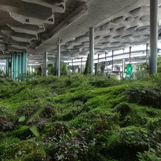 Image similar to an abandoned vaporware mall with growing vegetations