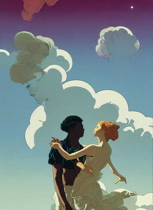 Image similar to poster artwork by michael whelan and tomer hanuka, a portrait of beautiful sensual dancing in the clouds of jupiter, clean