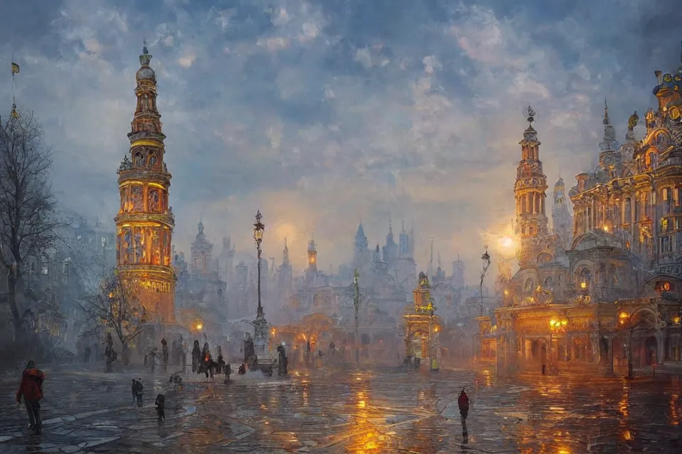 Image similar to beautiful ukranian city of odessa in mist, magic lights, magic mist, strange buildings, oil painting, painting by viktor vasnetsov, concept art, fantasy cityscape, ukrainian architecture, painting by ivan shishkin, hyperborea, high resolution, trending on artstation