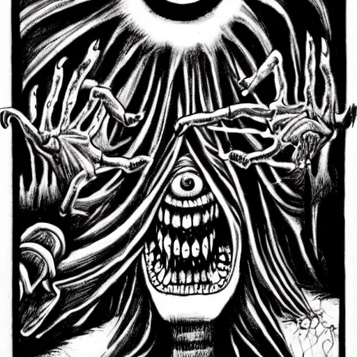 Prompt: horrifying hantu drawn by junji ito, scary, demonic, black and white,