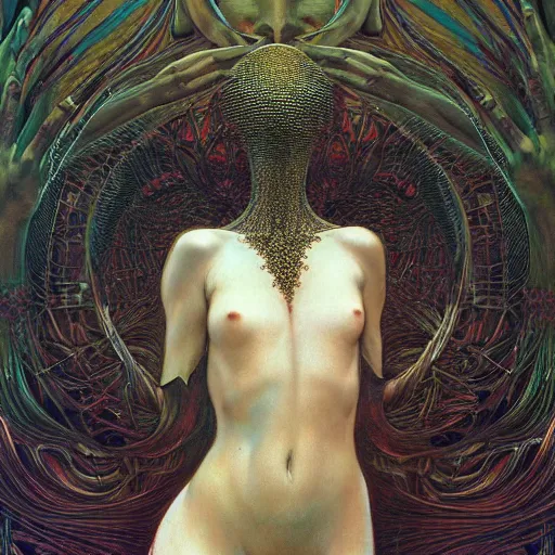 Image similar to queen of everything by zdzisław beksinski, iris van herpen, raymond swanland and alphonse mucha. highly detailed, hyper - real, beautiful