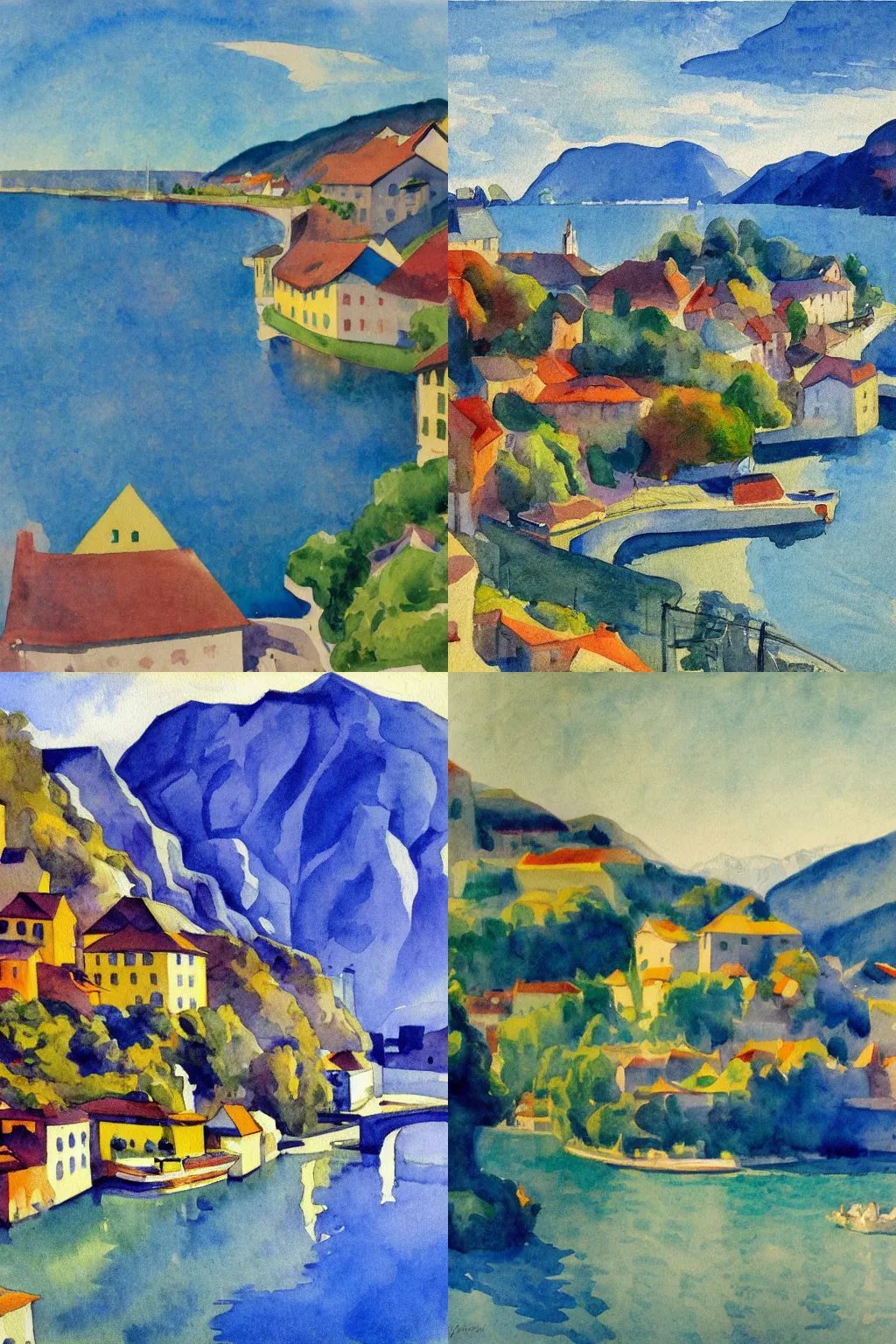 Prompt: grand river watercolor andrew henderson, impressionist watercolor strokes painting by money, surrealist bustling Swiss village in a massive fjord from afar by Pablo Picasso, by Edward Hopper, by Jean Giraud, 1942, fisheye lens