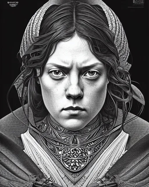 Prompt: ' yara greyjoy ', closeup shot of face, beautiful shadowing, 3 d shadowing, reflective surfaces, illustrated completely, 8 k beautifully detailed pencil illustration, extremely hyper - detailed pencil illustration, intricate, epic composition, masterpiece, bold complimentary colors. stunning masterfully illustrated by range murata, alphonse mucha, katsuhiro otomo.