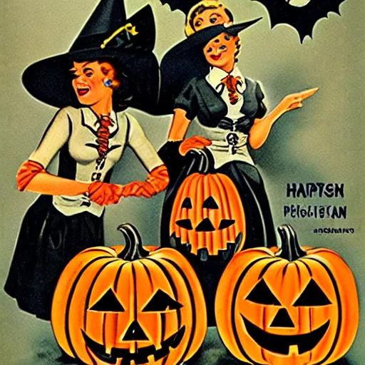 Prompt: a vintage halloween advertisement illustration from the 50s with witches and jack-o-lanterns