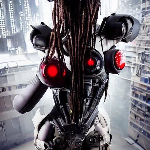 Image similar to epic photograph. Tokyo 2094. cyberpunk vampire girl, Army exoskeleton fashion, Robotic mech parts, Eye shine. dreadlocks, model standing, rim light, fill light. Studio, solid color background. Octane render, hyper-realistic, 8K, art photography, denoised photorealistic render, insanely detailed intricateby charlie bowater, mandy jurgens, gustav klimt, octane render, 4k, high detail, by tom bagshaw, powerful