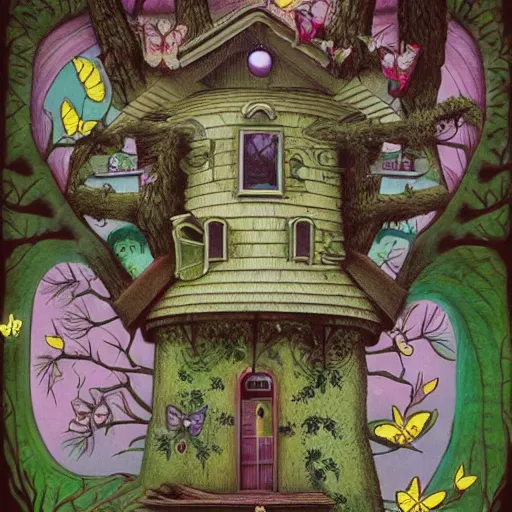 Prompt: a house with a tower, owl, butterflies, berries, lowbrow in the style of mark ryden and mc escher, 8 k, from far away,