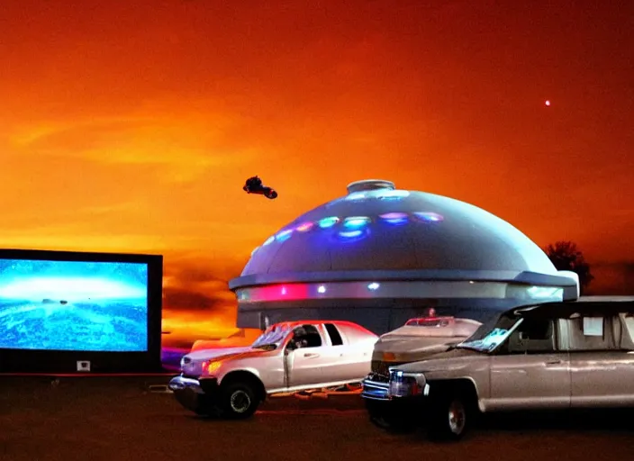 Prompt: Space ship, lazertag, drive in movie theater drive in movie theather