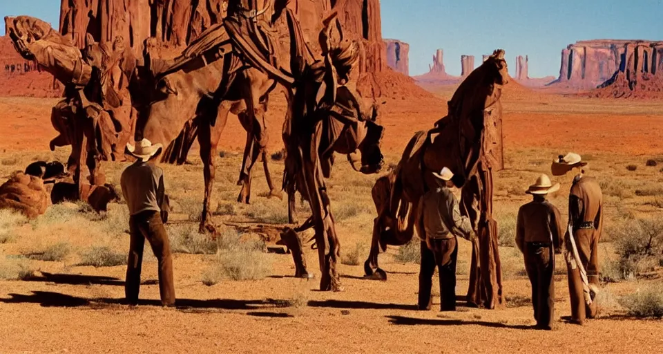 Image similar to film still showing cowboys looking at a gigantic abstract sculpture in the desert directed by Sergio Leone, western, monument valley, cinemascope, technicolor