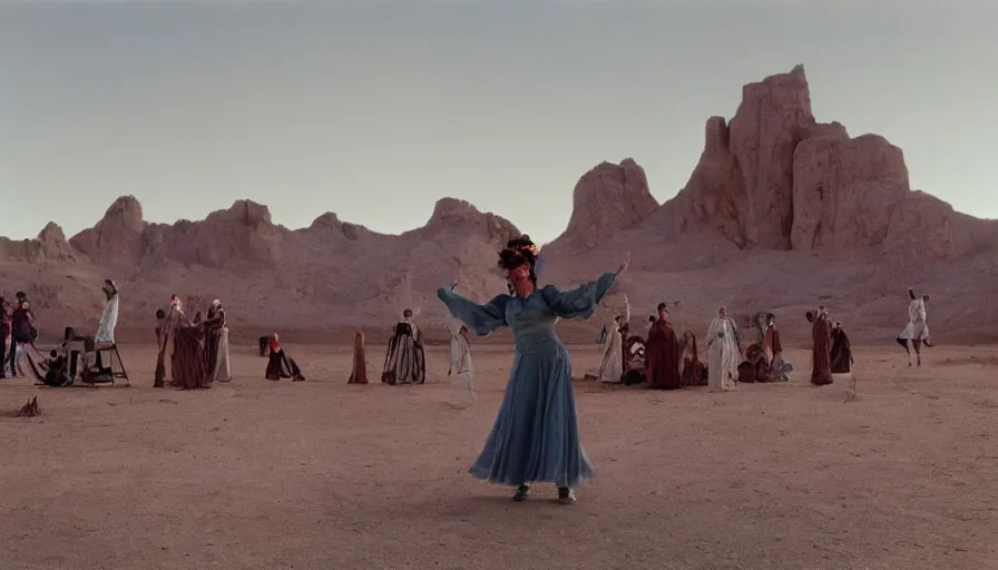 Image similar to movie still by alejandro jodorowsky of a opera company playing in the desert with a stage decoration, cinestill 8 0 0 t eastmancolor technicolor, high quality, very detailed, heavy grain, fine facial features, 8 k, octane render