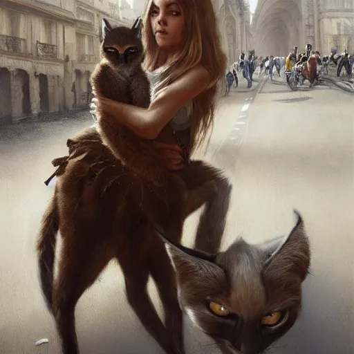 Image similar to young brigitte bardot rides a fluffy caracal in paris, hyperrealistic, detailed, art by greg rutkowski