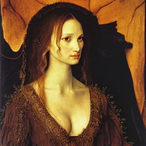 Prompt: portrait of natalie portman by albrecht durer, jean delville, jan van eyck, da vinci