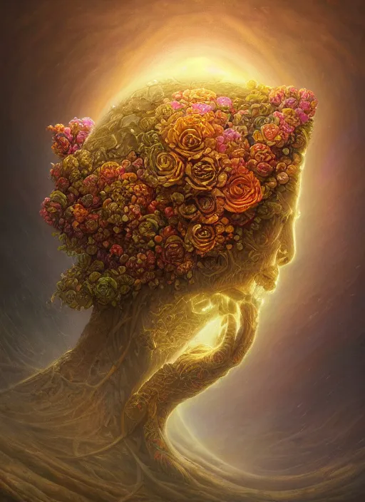 Prompt: helmet of a forgotten deitymade of flower petals, in the style of tomasz alen kopera and fenghua zhong and peter mohrbacher, mystical colors, rim light, beautiful lighting, 8 k, stunning scene, raytracing, octane, trending on artstation