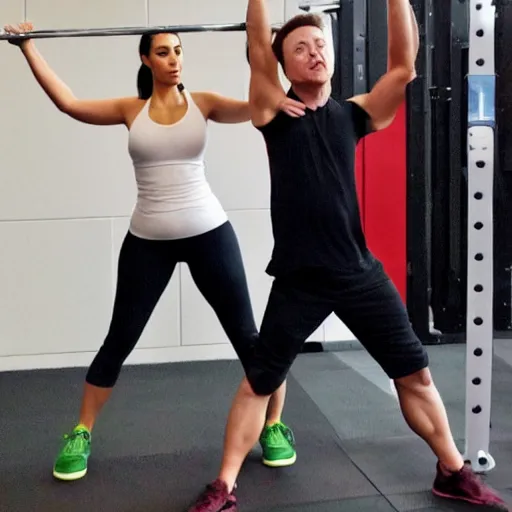 Image similar to elon musk and kim kardashian stretching at a gym