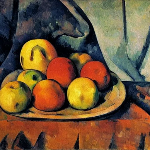 Image similar to still life of fruits, placenta, air fryer by Cezanne