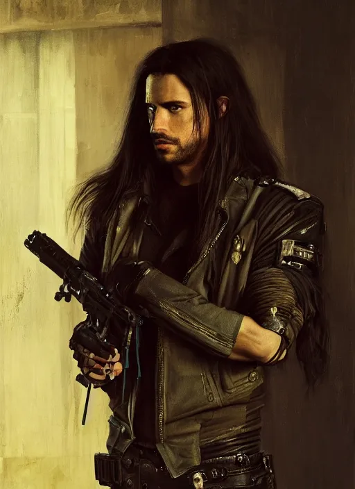 Image similar to long hair vampire. cyberpunk mercenary in a military vest ( blade runner 2 0 4 9, cyberpunk 2 0 7 7 ). orientalist portrait by john william waterhouse and james gurney and theodore ralli and nasreddine dinet, oil on canvas. cinematic, hyper realism, realistic proportions, dramatic lighting, high detail 4 k