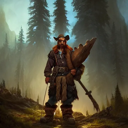 Prompt: a frontiersman in a moose hat, World of Warcraft, cover art, ultra wide lens shot, pretty, beautiful, DnD character art portrait, matte fantasy painting, DeviantArt Artstation, by Jason Felix by Steve Argyle by Tyler Jacobson by Peter Mohrbacher, cinematic lighting, unreal engine, octane render, realistic lighting