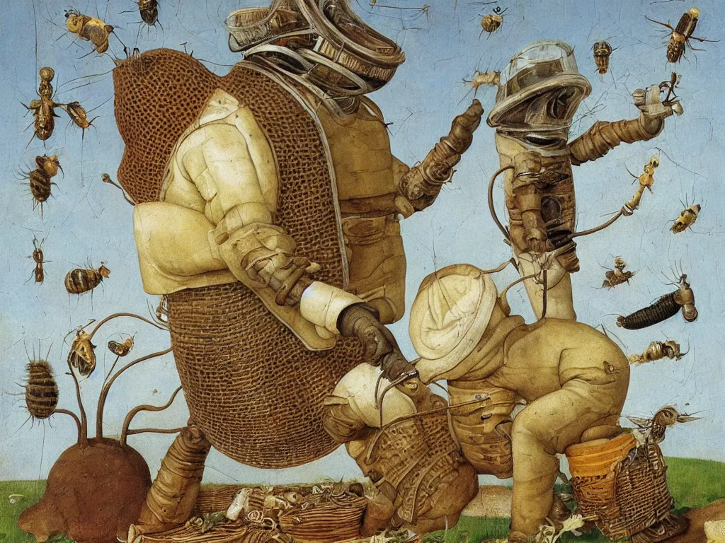 Image similar to close up portrait of man in white beekeeping suit with a surreal impossible creature from codex seraphinianus. painting by bosch, walton ford, agnes pelton