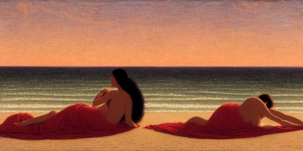 Prompt: a lonely woman sunbathing on the beach at dusk time ， 4 k resolution, by john william godward