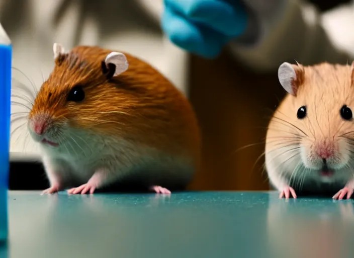 Image similar to film still of a hamster working in a research lab finding the cure for cancer, 8 k