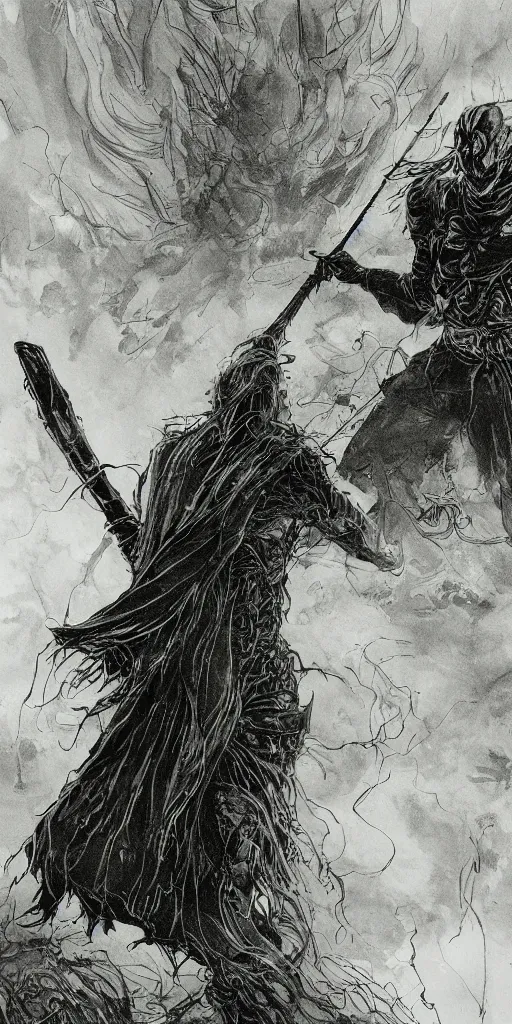 Prompt: a man with a missing an arm holding a spear made of green fire wearing a leather cloak fighting a bad guy made of black smoke, full body, dark colors, sinister atmosphere, dramatic lighting, cinematic, establishing shot, extremely high detail, photo realistic, cinematic lighting, pen and ink, intricate line drawings, by Yoshitaka Amano, Ruan Jia, Kentaro Miura, Artgerm, post processed, concept art, artstation, matte painting, style by eddie mendoza, raphael lacoste, alex ross,