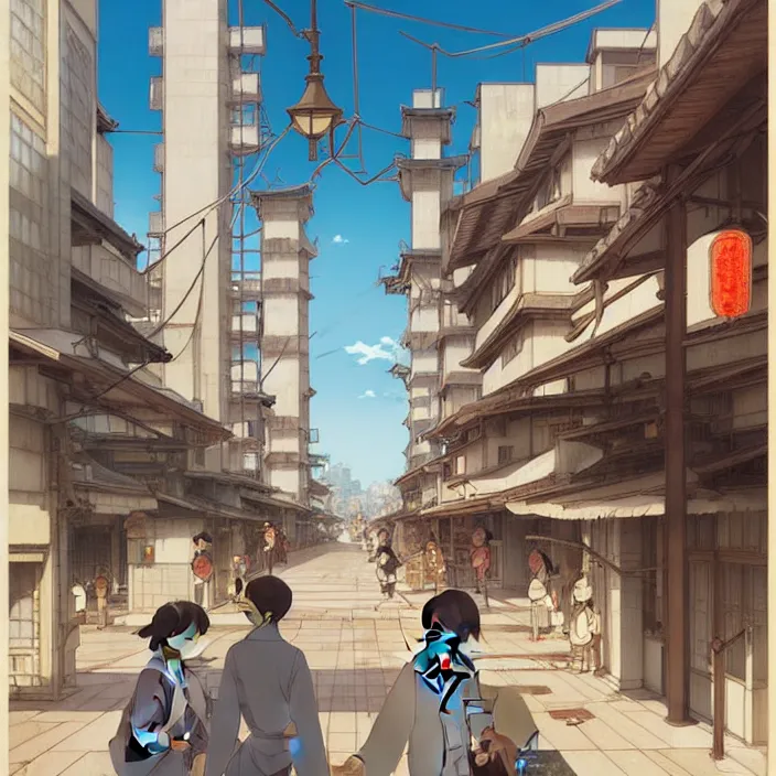 Image similar to empty japanese city, spring, in the style of studio ghibli, j. c. leyendecker, greg rutkowski, artem