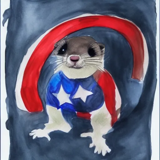 Prompt: A ferret as Captain America, Watercolour and pen