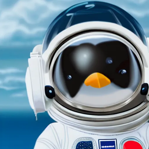 Prompt: cute astronaut penguin, helmet on, floating on space, disney style, 8 k